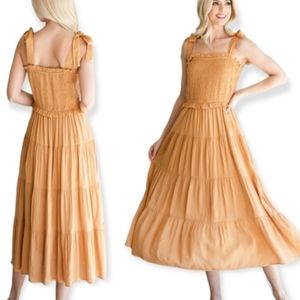 Jodifl Smocked Tiered Boho Midi Summer Dress w Pockets Cottage Prarie Core